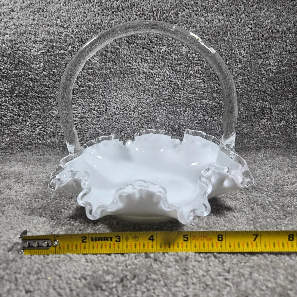 Fenton Basket White‎ Silver Crest Ruffled Clear Edge Glass Vintage Decor 7